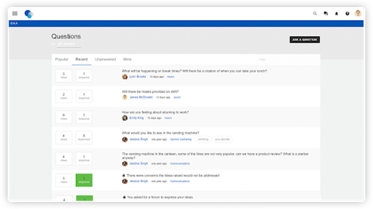 Q&A function on intranet, with employees asking questions on various topics