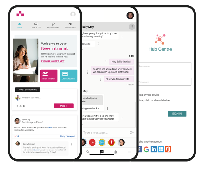 Three mobile phones showing an intranet home page, instant messaging and login screen