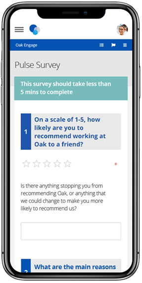 Image of Oak Engage Pulse Survey mocked up in an IPhone