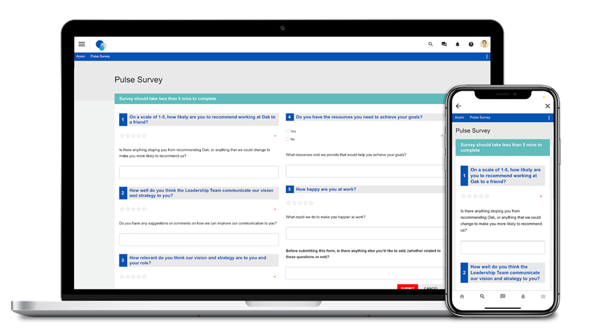 Oak’s Pulse Survey function on desktop and mobile applications